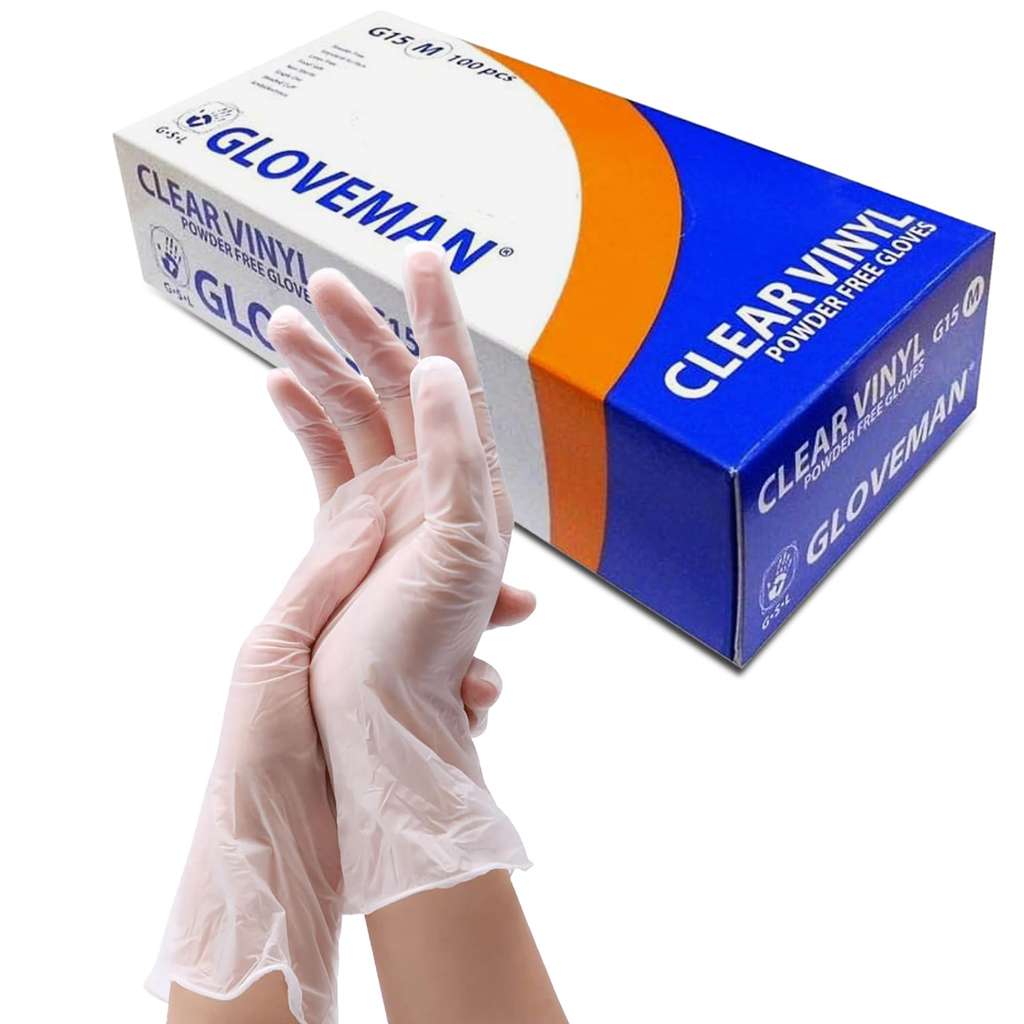 Box of 100 clear disposal latex free vinyl gloves. For med, beauty and catering. Powder free. In sizes S, M, L, XL
