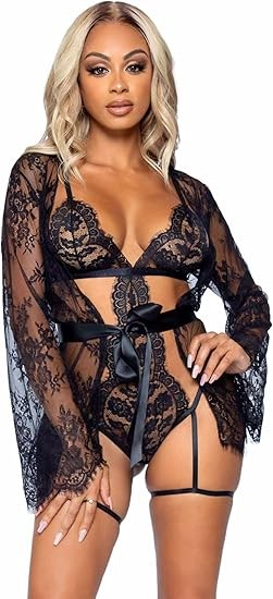 Leg Avenue womens 3 Pc Eyelash Lace Garter G-string Teddy With Lace Robe, Ribbon Tie